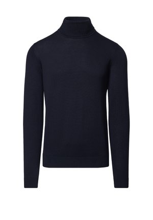 Granatowy sweter z golfem wykonany z miękkiej dzianiny. Posiada długie rękawy, dopasowany krój oraz prążkowany kołnierz i dół. Brak wzorów.