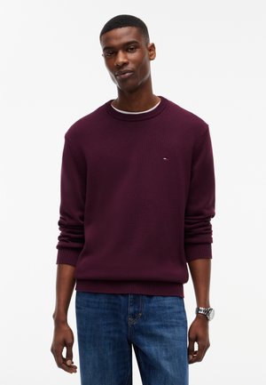 Ung mand iført en vinrød sweater med et lille logo og blå jeans, stående foran en ensfarvet hvid baggrund.
