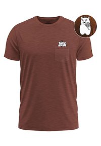 Bruine t-shirt met korte mouwen van textuurstof, voorzien van een witte beerafbeelding met een hoge hoed in de zakzone.