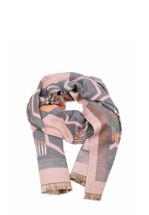 Sciarpa multicolore con motivi geometrici in rosa, grigio e arancione. Realizzata in tessuto morbido con bordi frangiati.