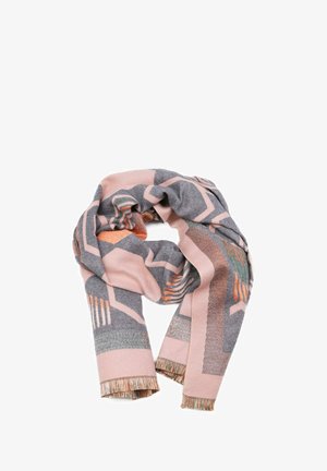 Sciarpa multicolore con motivi geometrici in rosa, grigio e arancione. Realizzata in tessuto morbido con bordi frangiati.