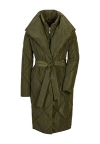 Gequilted lange jas in olijfgroen, met een brede kraag, een ceintuur in de taille en gladde, glanzende stof met een ruitpatroon.