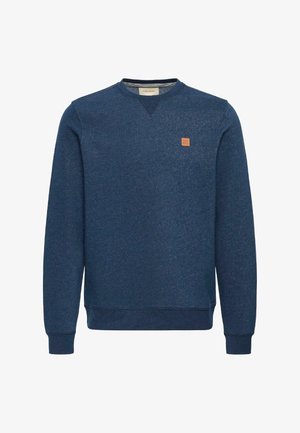 Sweatshirt à col rond bleu marine à manches longues avec des poignets et un ourlet côtelés, présentant un petit patch logo carré beige sur la poitrine.