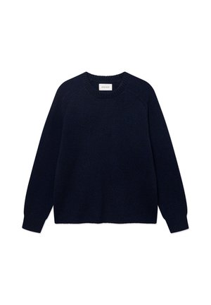 Pull bleu marine foncé à manches longues avec col rond, poignets et bas côtelés, présenté sur fond blanc.