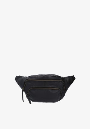 Schwarze Leder-Gürteltasche mit zwei Reißverschlussfächern und verstellbaren Seitenriemen.