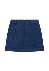Donkerblauwe denim mini-jurk met een aansluitende taille, achteren ritsluiting en panelen voor structuur. Gepolijste textuur, geen patronen.