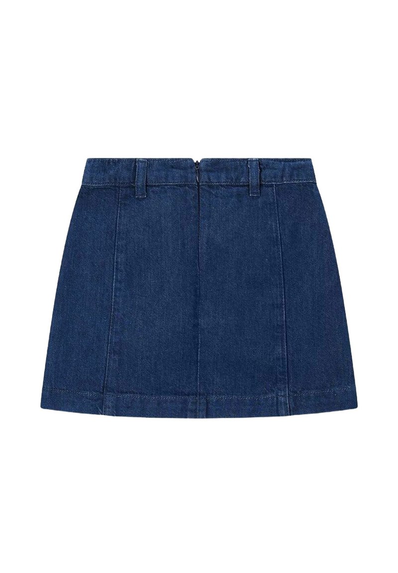 Donkerblauwe denim mini-jurk met een aansluitende taille, achteren ritsluiting en panelen voor structuur. Gepolijste textuur, geen patronen.