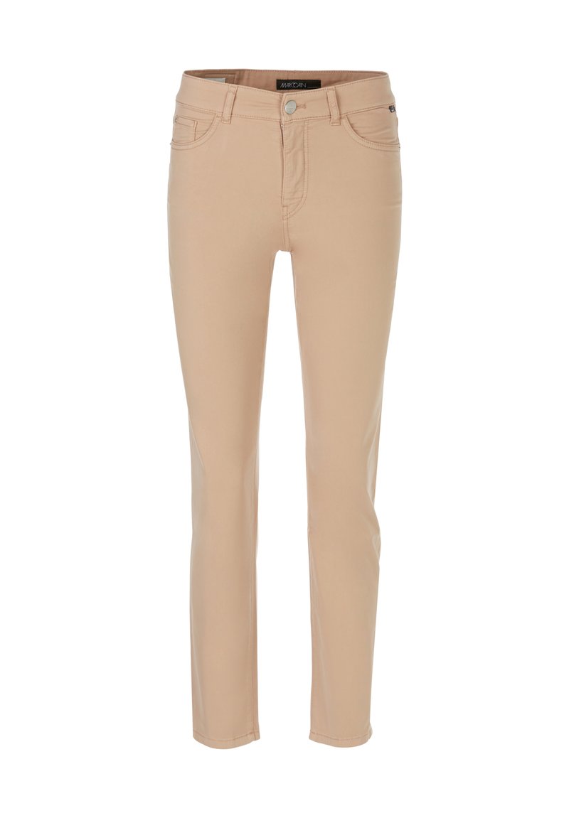 Beige skinny jeans gemaakt van een gladde, rekbare stof. Voorzien van vijf zakken, een ritssluiting aan de voorkant en een metalen knoopsluiting.