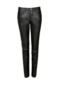Zwarte leren broek met een slim fit, voorzien van zijzakken, een rits en een kleine metalen knoop aan de taille. Glad textuur en strak ontwerp.