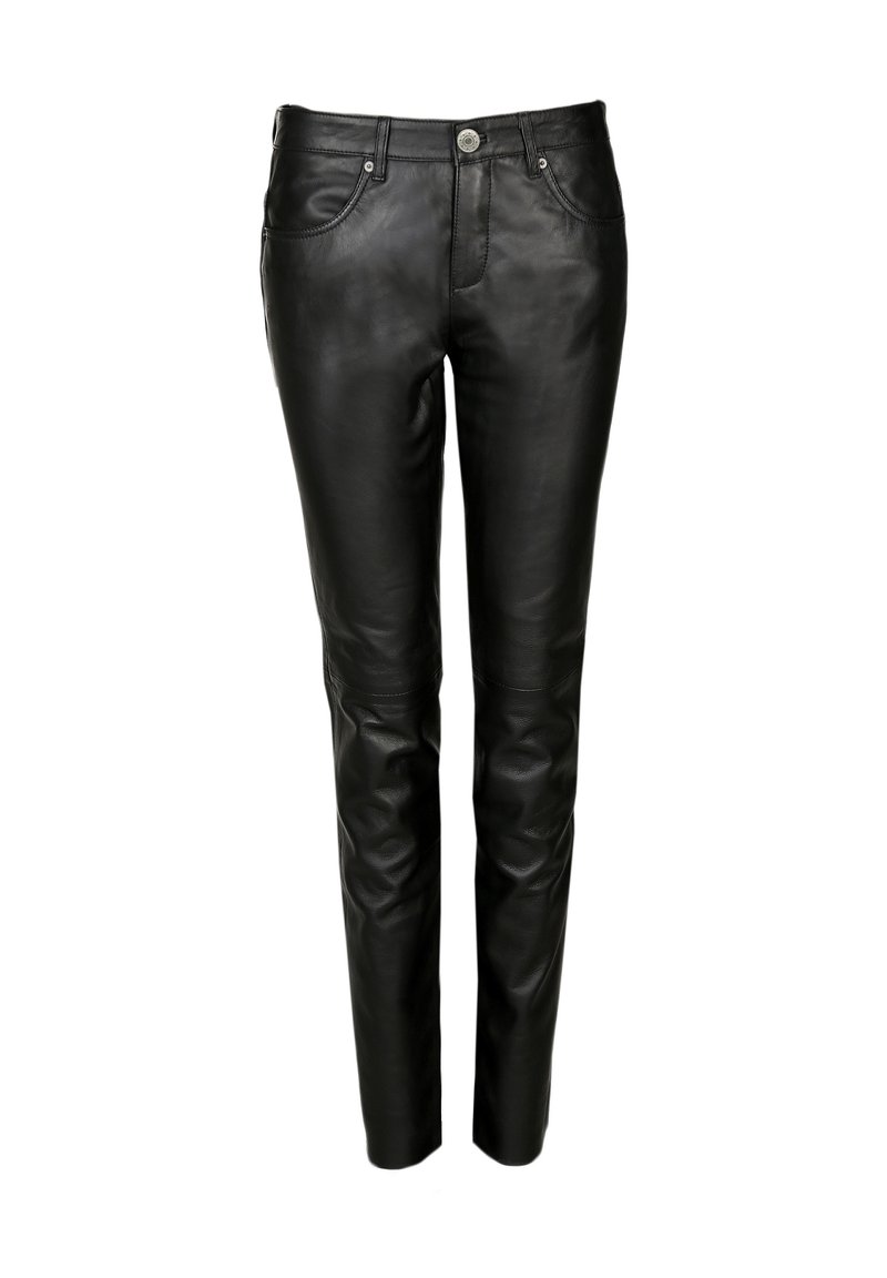 Zwarte leren broek met een slim fit, voorzien van zijzakken, een rits en een kleine metalen knoop aan de taille. Glad textuur en strak ontwerp.