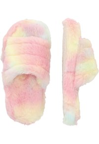 Faux-Fell-Schlappen mit offenem Zehenbereich. Sie haben einen Regenbogenverlauf in sanften Rosa-, Gelb- und Blautönen. Weicher Stoff und plüschiger Griff.
