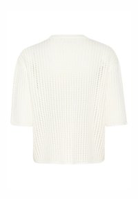 White knitted short-sleeve sweater with an openwork design, featuring a ribbed neckline and a relaxed fit, providing a textured appearance.