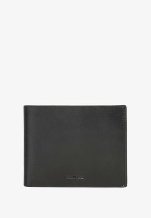 Cartera de cuero negro con una textura suave, diseño de dos pliegues y una marca discreta en la parte inferior frontal. Sin herrajes ni adornos visibles.