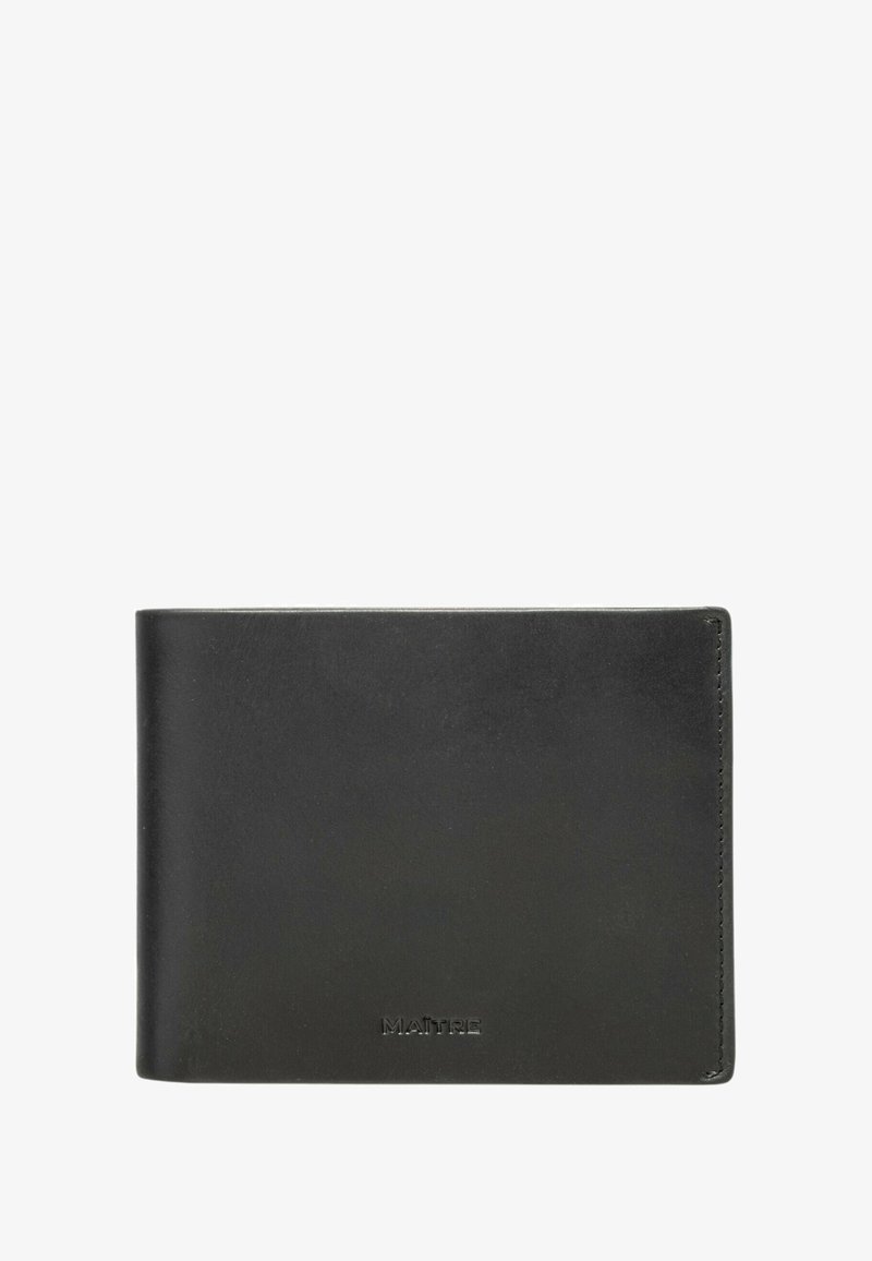Portafoglio in pelle nera con superficie liscia, design pieghevole a due lati e un marchio discreto sulla parte anteriore inferiore. Nessuna hardware o decorazioni visibili.