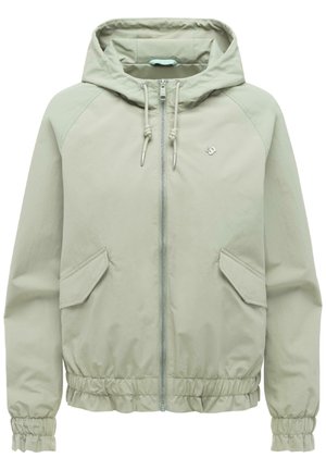 Veste à capuche vert clair avec fermeture éclair à l'avant, cordons de serrage, poignets et ourlet élastiques, et deux poches à rabat inclinées.