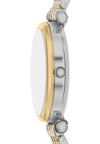 Kvinders armbåndsur med et rundt sølvurcase og bezel i gult guld. Har en glat, flad overflade og en struktureret krone, med metallic båndled.