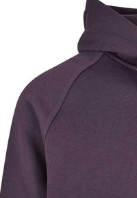 Donkere paarse sweatshirt met een hoge hals en raglanmouwen. Gemaakt van zachte stof met een gladde textuur en zichtbare stikseldetails.