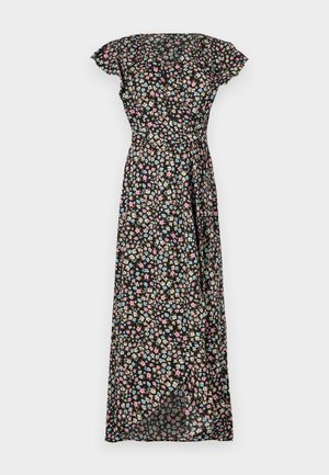 Melna ziedu maxi kleita ar īsām pūkām, kurai ir pieguļošs viduklis un plūstoša svārku daļa, rotāta ar rozā, zilajiem un bēšajiem ziediem.