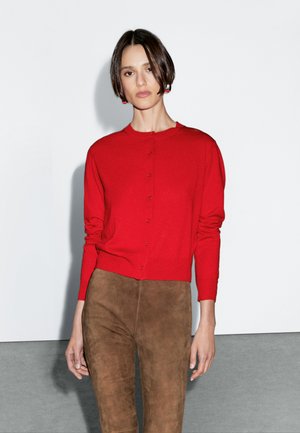 Donna con i capelli corti scuri, che indossa un cardigan rosso con bottoni e pantaloni scamosciati marroni, in piedi su uno sfondo bianco e grigio.