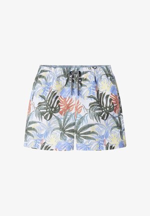 Costumi da bagno da uomo con motivo a foglie tropicali in verde, giallo e blu, con fascia elastica in vita e cordoncini regolabili.