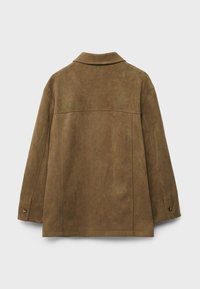 Brown suede jacket with long sleeves, buttoned cuffs, and a wide collar, shown from the back on a plain light background.