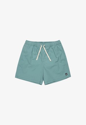 Turquoise swim shorts made of lightweight fabric, featuring an elastic waistband with a drawstring, side pockets, and a logo patch.