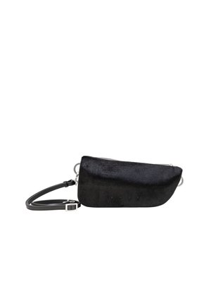 Black textured crescent-shaped crossbody bag with silver zipper, adjustable strap, and subtle embossed brand name on front.