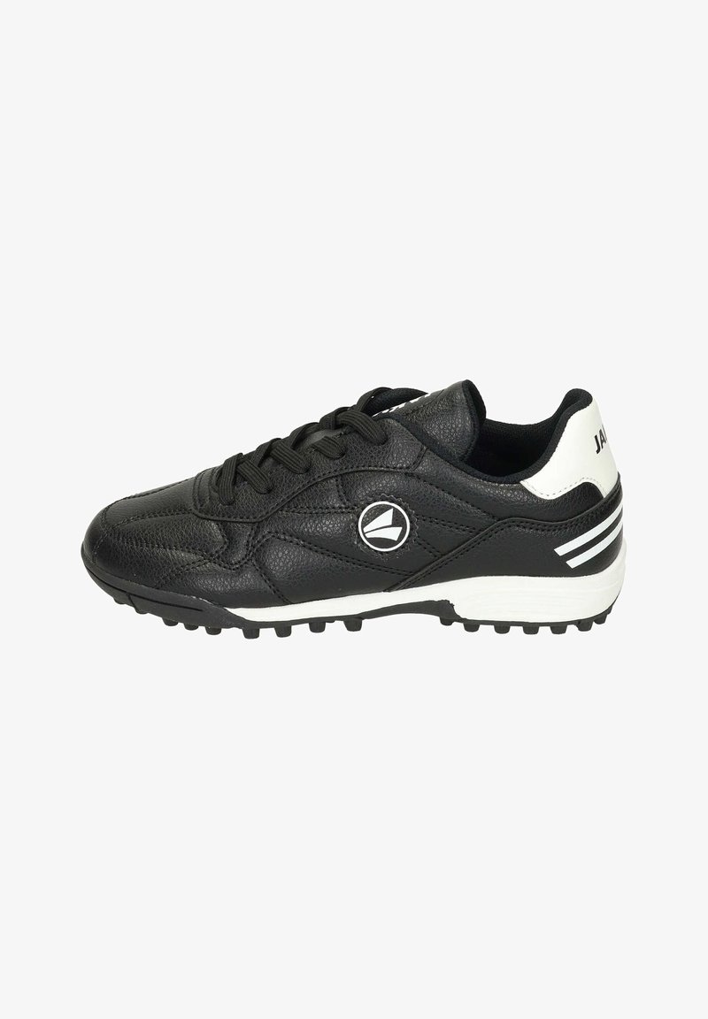 Black soccer shoes made of textured synthetic leather, featuring a white accent on the heel, black laces, and molded rubber studs on the sole.