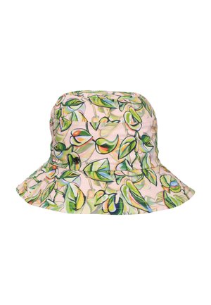 Cappello a tesa larga a secchiello con base rosa chiaro e motivo multicolore di foglie verdi e arancioni su tutta la superficie.
