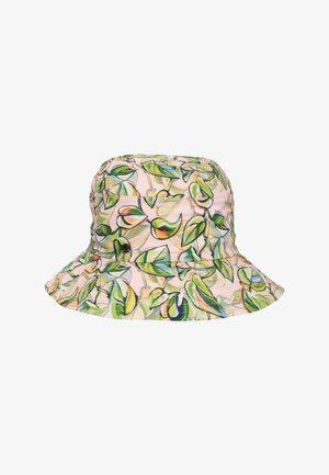 Leveä reunainen kalastajanhattu, vaaleanpunainen pohja ja värikäs vihreän ja oranssin lehden kuvio koko hatun alueella.