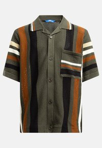 Short-sleeve woven shirt featuring stripes in olive green, black, brown, and white. Button-down front, collar, and chest pocket detail.