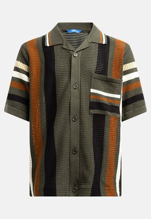 Short-sleeve woven shirt featuring stripes in olive green, black, brown, and white. Button-down front, collar, and chest pocket detail.