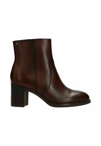 Brown leather ankle boots with a rounded toe, side seam detail, and a stacked block heel. Smooth texture with a subtle sheen.