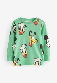 Groene sweatshirt met lange mouwen, versierd met cartoongezichten van Mickey Mouse, Donald Duck en Pluto. Gemaakt van zacht stof met geribbelde manchetten.