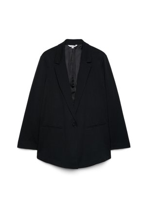 Blazer nero con un solo bottone, rever e due tasche frontali, mostrato su sfondo bianco.