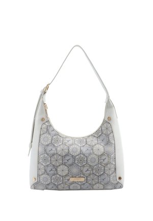 Borsa bianca con motivo geometrico esagonale e circolare in grigio, ferrature dorate e una tracolla singola.