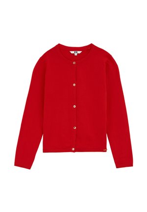 Cardigan roșu dintr-un material tricotat moale, cu un gât rotund, mâneci lungi și închidere cu nasturi, având detalii subtile ribbate la tiv.