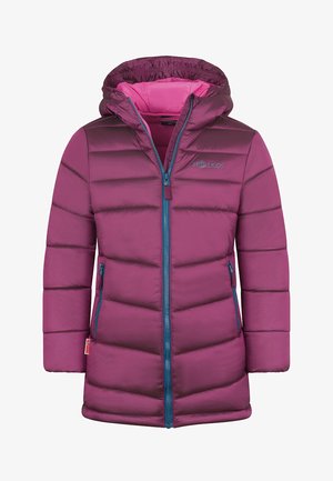 Children's purple puffer jacket with hood, blue zipper and pocket details, and pink inner lining, featuring Trollkids logo on chest.