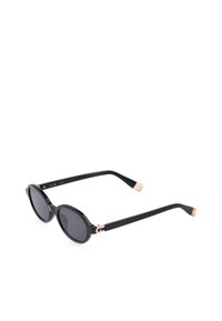Lunettes de soleil rondes noires avec verres foncés et accents dorés sur les charnières et extrémités des branches, présentées sur fond blanc.