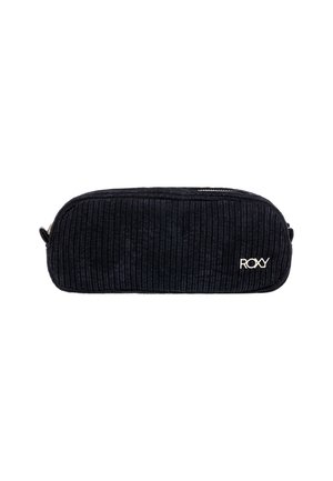 Sort fløjl penal med lynlås, der har en ribbet tekstur og et hvidt Roxy-logo på den ene side. Kompakt og ovalformet design.