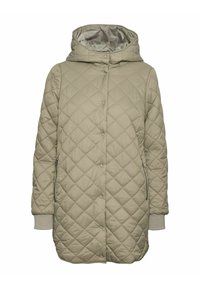 Manteau long matelassé en khaki clair, doté d'une capuche, de boutons-pression, de poches latérales zippées et de poignets côtelés. Texture extérieure lisse.