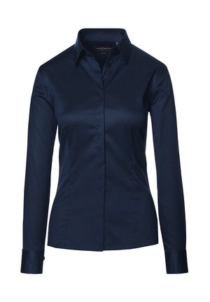 Granatowa, długorękawowa koszula o slim fit, z wąskim kołnierzykiem i zapinana na guziki. Wykonana z gładkiego, błyszczącego materiału z wyraźnymi detalami.