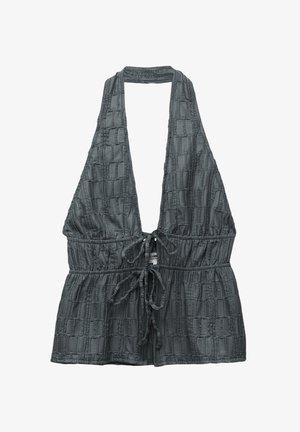 Haut halter gris avec un motif tissé texturé, lien ajustable à la taille et décolleté plongeant. Fabriqué à partir d'un tissu léger.