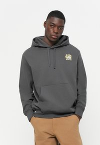 Gray hoodie with a front pocket, drawstring hood, and a graphic patch featuring yellow and green accents on the chest. Soft texture.