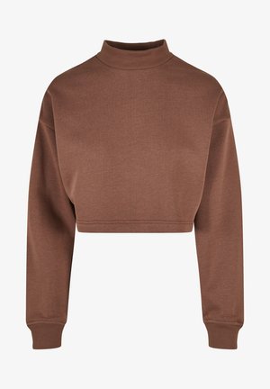 Brauner, verkürzter Sweatshirt mit langen Ärmeln, hohem Kragen und gerippten Bündchen. Hergestellt aus einem weichen, strukturierten Stoff in einer einfarbigen Ausführung.