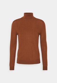 Brauner Longsleeve-Rollkragenpullover mit gerippten Bündchen und Saum, vor einem weißen Hintergrund präsentiert.