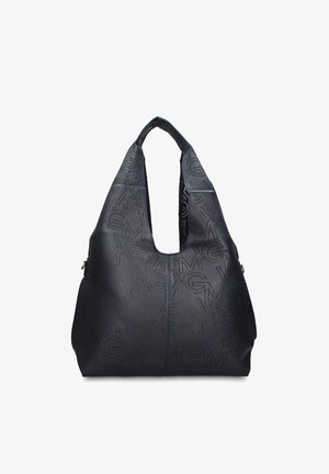 Donkerblauwe leren handtas met een geperforeerd geometrisch patroon, voorzien van een grote handgreep en een gestructureerde, nonchalante silhouet.