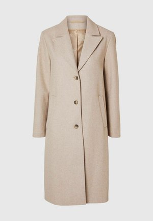 Beige wool coat, mid-length, single-breasted design with three brown buttons, notch lapels, and two side pockets. Smooth interior lining.