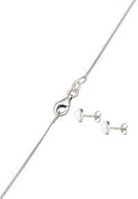 Collier chaîne ton argent avec fermoir mousqueton, accompagné de boucles d'oreilles clous avec pierres blanches, montures circulaires et attaches papillon.