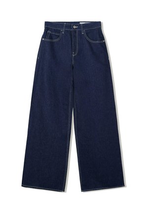 Weite, dunkle Jeans mit klassischem Fünf-Taschen-Design. Merkmale sind kontrastierende weiße Nähte und ein hoch geschnittener Bund.